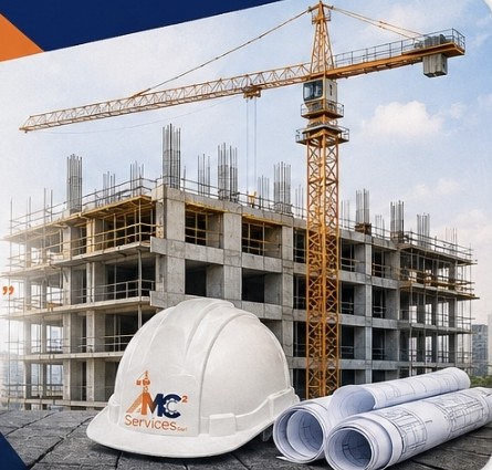 Chantier AMC² avec grue à tour, casque et plans